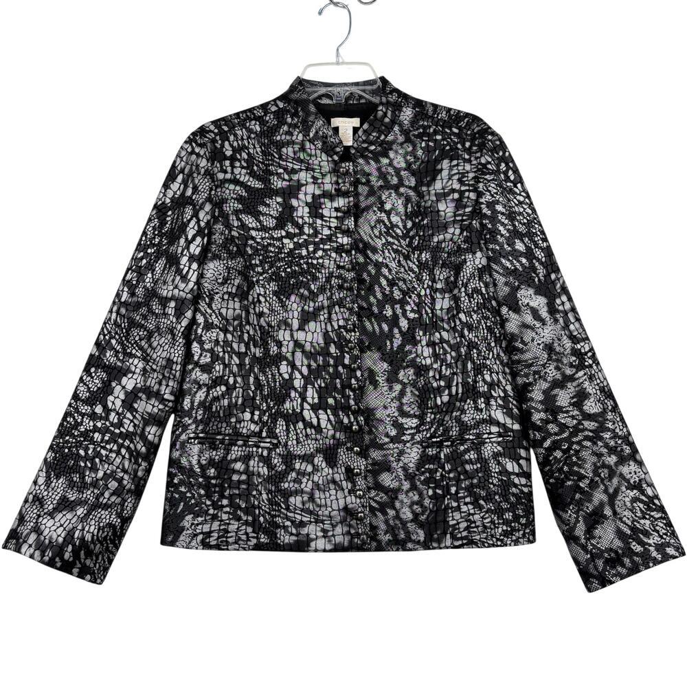 Chico's Blazer Jacket Size L Black Silver Metallic Lined Snap Up Button Detail